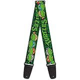 Nickelodeon Guitar Strap, TMNT Ninja Turtles Group Faces Turtle Shell Black Green, 2 Inches Wide