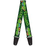 Nickelodeon Guitar Strap, TMNT Ninja Turtles Group Faces Turtle Shell Black Green, 2 Inches Wide