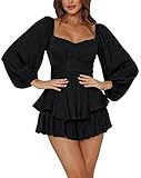 LYANER Women's Jumpsuit Lantern Long Sleeve Ruffle Layer Tie Mini Short Romper Solid Black Medium