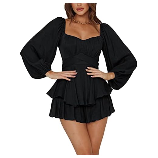 LYANER Women's Jumpsuit Lantern Long Sleeve Ruffle Layer Tie Mini Short Romper Solid Black Medium