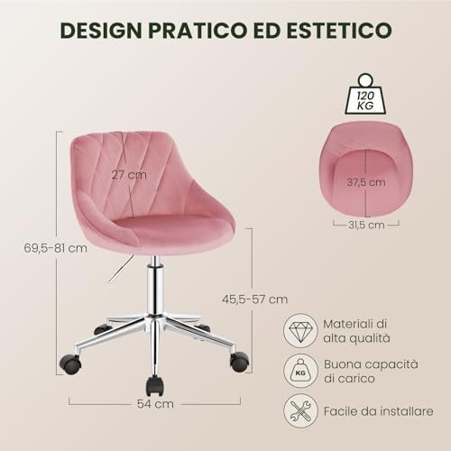 Sedia da Scrivania Moderna, Sgabello Regolabile Senza Braccioli, per Camera da Letto Studio Soggiorno, Rosa - Sedia gaming - Immagine 2