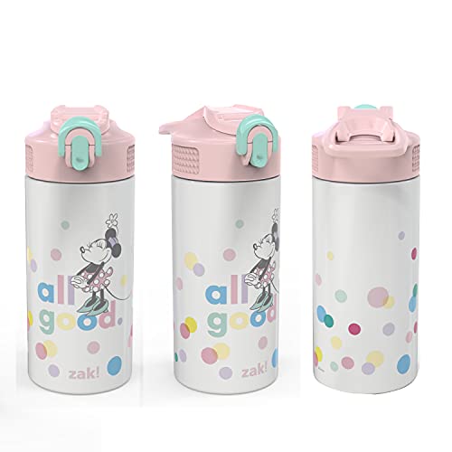 Zak Designs Disney Minnie Mouse 14 Oz Double Wall Vacuum Insulated Thermal Kids Water Bottle, 18/8 Stainless Steel With Flip-Up Straw Spout And Locking Spout Cover, Durable Cup For Sports Or Travel #TOP6