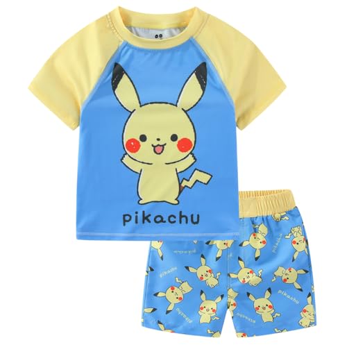 Pokemon Pikachu Boys UPF 50+ Rash Guard Shirt and Swim Trunks Shorts Swimwear Set Swimsuit for Infant and Toddler, Blue, 3 Years