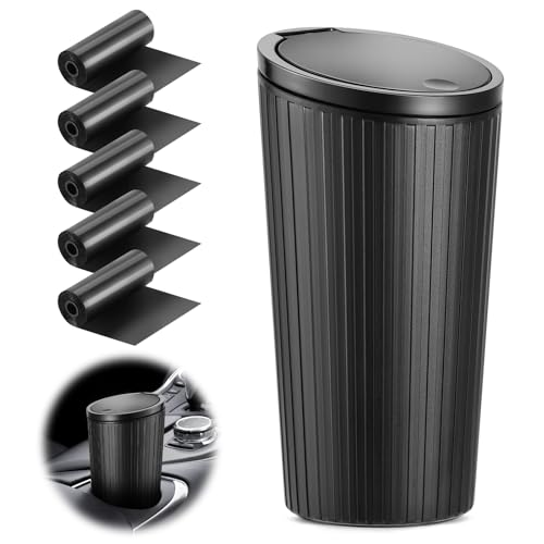 Auto Mülleimer, Auto Mülleimer mit Deckel, Tragbare Mülleimer Auto mit 5 Rollen Müllbeutel, Praktischer Mini Mülleimer für Autos, Zuhause, Büro, Schlafzimmer (Schwarz)