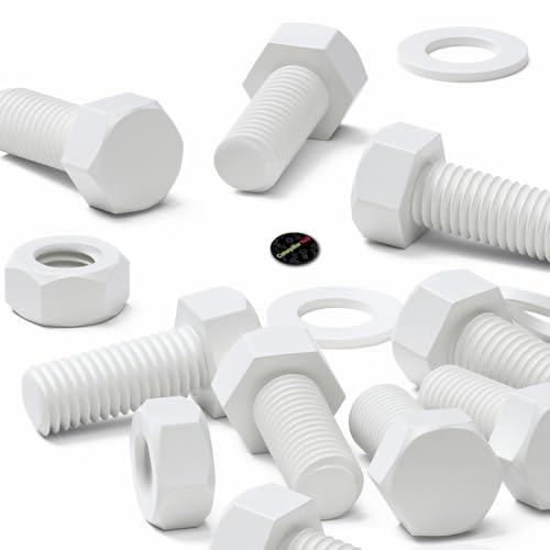 Image of 20x White PP Hex Head M10 x 20 mm Plastic Bolts, Nuts & Washers (25 /64 x 25 /32 in)