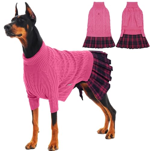 IECOii Girl XXXL Dog Sweater Dress, Girl Dog Sweaters for Extra Large Dogs Turleneck, Pink, XXXLarge, Thermal Warm Knitwear with Leash Hole, Adorable Cable Knit Sweater for Christmas & Thank
