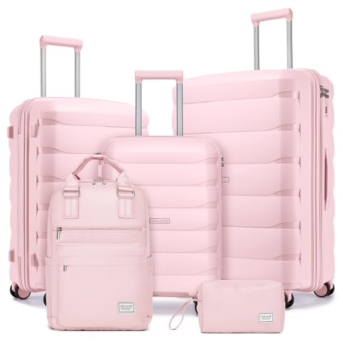 Image of Luggage Sets 5 Pieces, PP Hardshell Suitcase Set with Spinner Wheels, Suitcases for Women (Pink)
