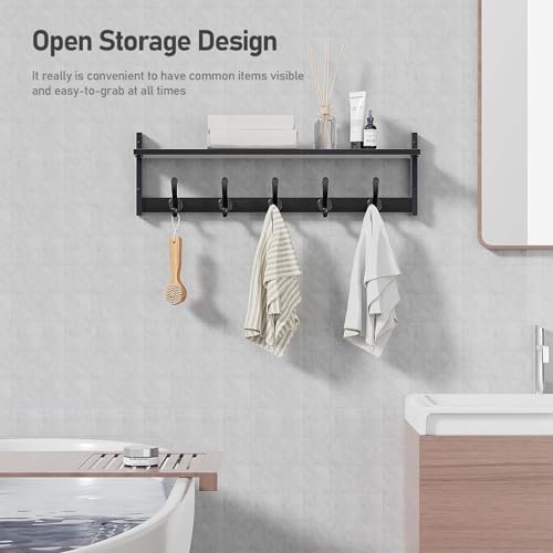 Image of Tatub 29 inch Rustic Coat Rack Wall Mount with Shelf, Entryway Wall Hooks with Shelf, Coat Hangers for Bathroom, Living Room, Bedroom, Black