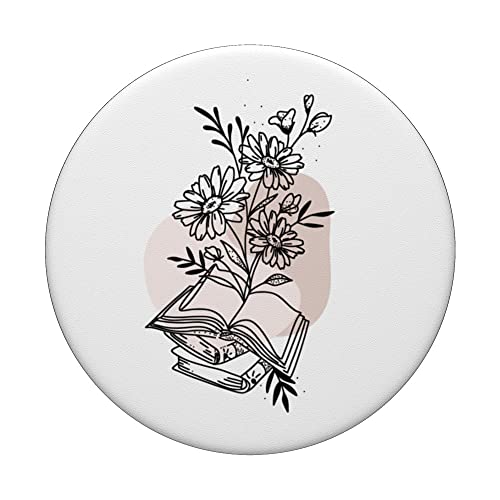 Floral Book & Bloom Bookish Lover Minimalist Line Art Floral PopSockets Adhesive PopGrip, Black - Image 3