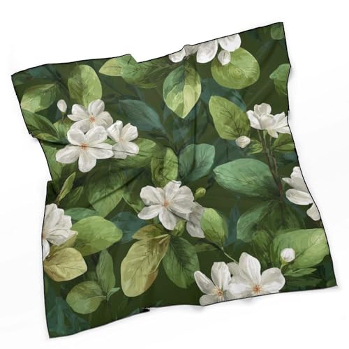 White Jasmine Flowers Women Hair Scarf Square Silk Like Head Scarves Handkerchief Satin Neck Scarf3