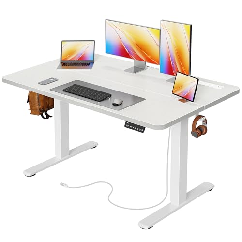 Image of Huuger Electric Standing Desk with Power Outlets and USB-C Port, 47 X 24 Inch Height Adjustable Desk, Sit Stand Desk for Home Office, Computer & Gaming Desk with 4 Presets, Stable Steel Frame, White
