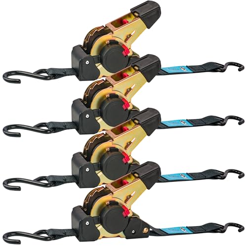 Retractable Ratchet Straps 4 Pack - 1" x 10' Each, Ratchet Straps Self Retractable 1500 lbs Break Strength. Weather Resistant Safety S-Hooks, Perfect for Boat, Securing Cargo, Any Hauling Jo