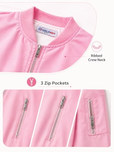 WELAKEN Lightweight Multiple Pockets Zip Up Bomber Jacket for Girls Toddler & Kids II Little Girl's Casual Flight Crop Jacket,12Y