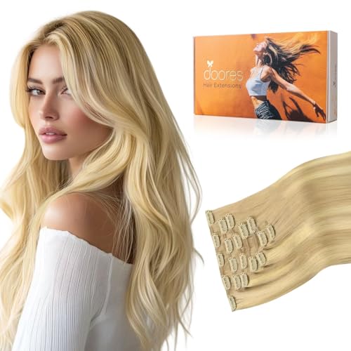Image of DOORES Clip-in Hair Extensions - Real Human Hair, Dirty Blonde & Platinum Blonde Mix, 24 Inch, 120g, 7pcs, Remy, Silky Straight, Thick