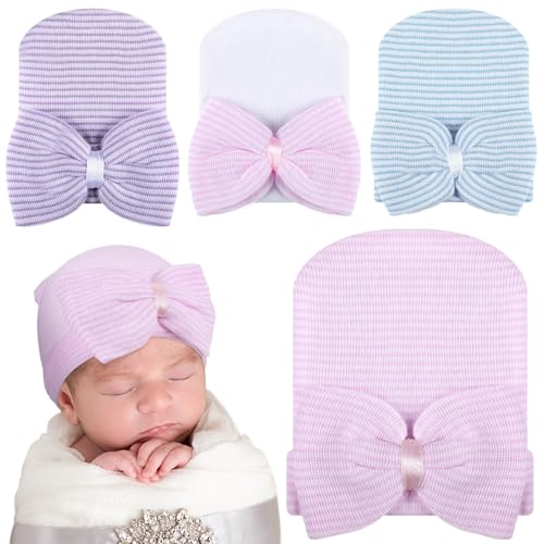 Cuffbow 4 Pcs Preemie Hats Bow Cap Warm Hospital Premature Baby Cotton Beanie for Premature Boy Girl Newborn 3-7 Lbs Infant(Pastel Color)