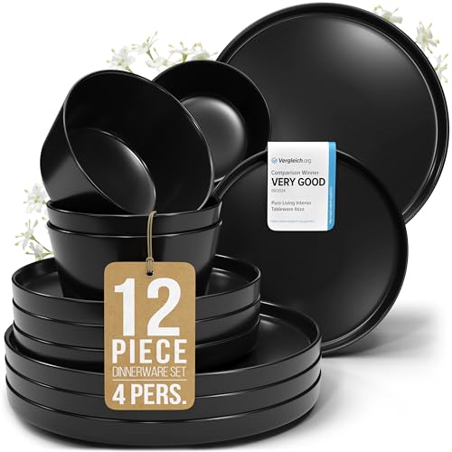 Image of Stoneware dinnerware set 4 persons 12 pcs – Matte black plates and bowls set – Dishwasher, microwave and scratch resistant – Bowl and plate set – Dinner service Pure Living