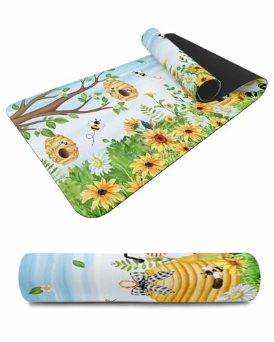 Debedcor Heat Proof Table Pads Waterproof Decorative, Yellow Gnomes Bee Non-Slip Table Countertop Protector, Rustic Daisy Botanical Insulation Mat for Dining Room, 48 x 12 Inches