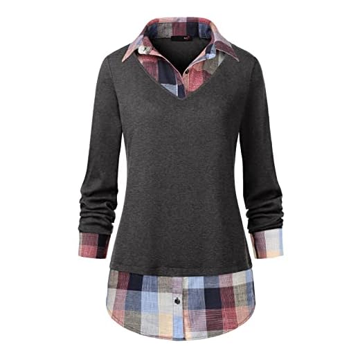 DJT Women's Contrast Plaid Collar 2 in 1 Blouse Tunic Tops XL Dark Grey