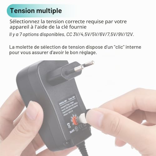 helpers lab 30W Adaptateur Universel Polarité Réversible d'alimentation Transformateur avec 9 Embouts sélectionnables, pour 3V, 4.5V, 5V, 6V, 7.5V, 9V, 12V Electronique Domestique Noir – vue 2