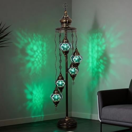 Mozaist Turkish Mosaic Floor Lamp with Bulbs – Handmade Multi Globe Moroccan Standing Lamp, Authentic Stained Glass Light, Bohemian Home Decor (Turquoise Green, 5 Globe Floor Lamp)