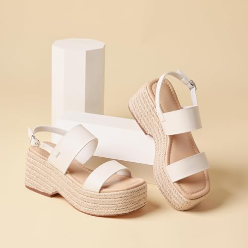 Image of EQAUDES Platform Sandals Women Open Toe Ankle Strap Summer Wedge Espadrille Sandals Cute Beach Straw Raffia Woven Sandals Comfortable Vacation Dress Shoes