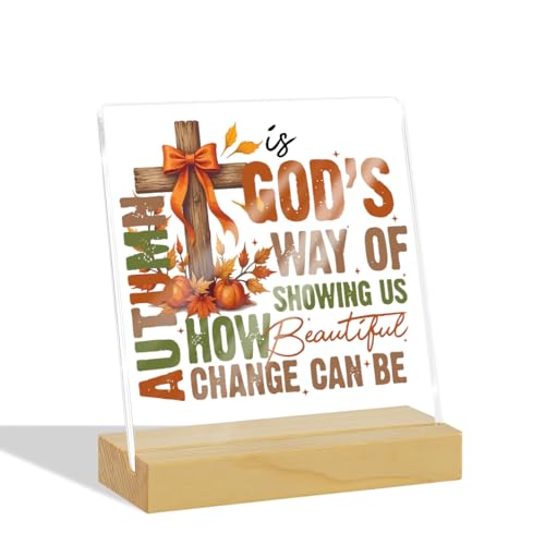Fall Cross Desk Decor Thanksgiving Christmas Birthday Religious Christian Gifts for Women Man Coworkers Friends Farmhouse Home Shelf Decor Autumn Is God's Way Acrylic Sign With Holder