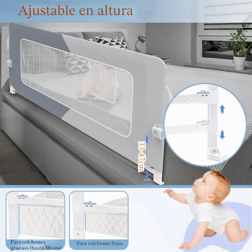Barrera de cama para niños HENGMEI de 150 cm con malla ventilada 5