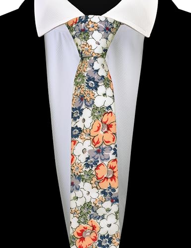 Image of GUSLESON Fashion 2.4 inch（6cm） Floral Skinny Tie for Men Slim Flower Print Cotton Necktie for Wedding Party