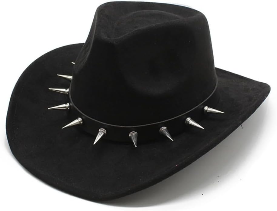 Black Western Cowboy Hat with Metal Spike Studs, Faux Suede, Wide Brim, Unisex Adult