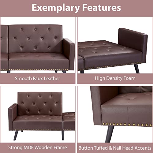 Jolene Tufted Split Back Futon, Mid Century Modern Convertible Sofa Bed For Small Rooms, Faux Leather Couch With Elegant Design, Perfect For Your Modern Living Room Or Guest Room - Espresso #TOP5