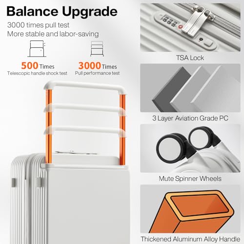 mixi Checked Luggage Upgrade Wide Handle PC Hard Shell Rolling Travel Medium Suitcases with Spinner Wheels & TSA Lock, 24 Inch Smoke White - Thumbnail 4