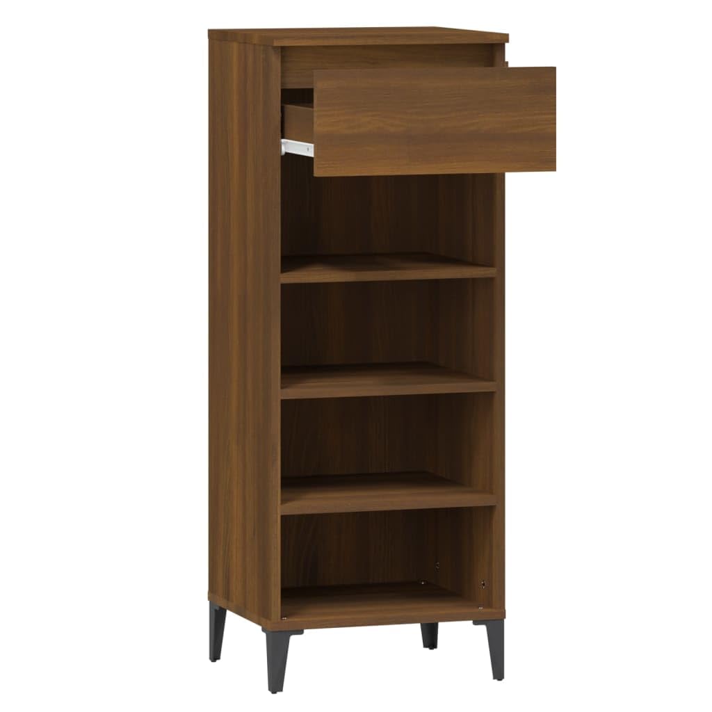 Regał na buty, brązowy, wygląd dębu, materiał drewnopochodny z metalowymi nóżkami, 40 x 36 x 105 cm, szafka na buty z szufladą i 3 półkami, do korytarza, przedpokoju, sypialni, porządek i