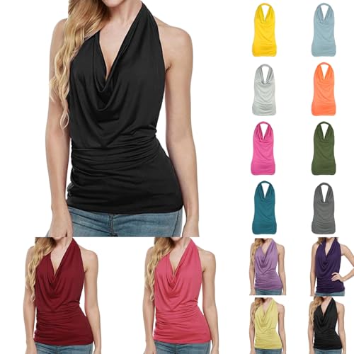 T-shirt dos nu sans manches col cascade dos nu débardeurs gilet à bretelles haut d'été en coton chemisier tunique uni col en V T-shirt d'été - Débardeur...