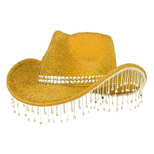 KMTI Cowboy Men's and Women's Hats with Sequins and Pendants Tassels Fashionable Cowboy Hats Music and Dance Elegant Hats (Yellow)