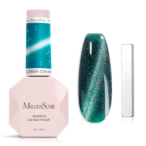 Image of MelodySusie Jeweliver Cat Eye Gel Nail Polish, 0.5 Fl Oz Green Glitter Holographic Magnetic Nail Polish with Magnet, UV Nail Polish for Nail Art Manicure Salon DIY at Home C6686
