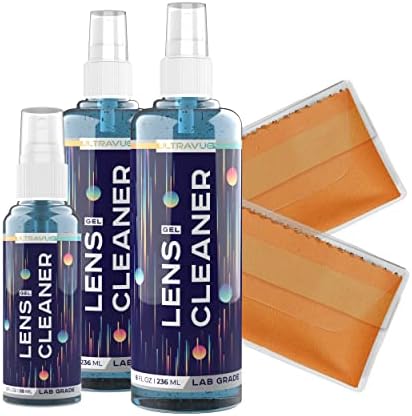 ULTRAVUE Eyeglass Gel Lens Cleaner Spray Kit - 2 x 8oz and 1 x 2oz Gel Eyeglasses Cleaner Spray Bottle + 2 Microfiber Cloth for Cleaning - Safe for All Lenses (AR Coated Included)