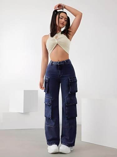 Image of CHKOKKO Women High Rise Denim Solid Regular Fit Jeans