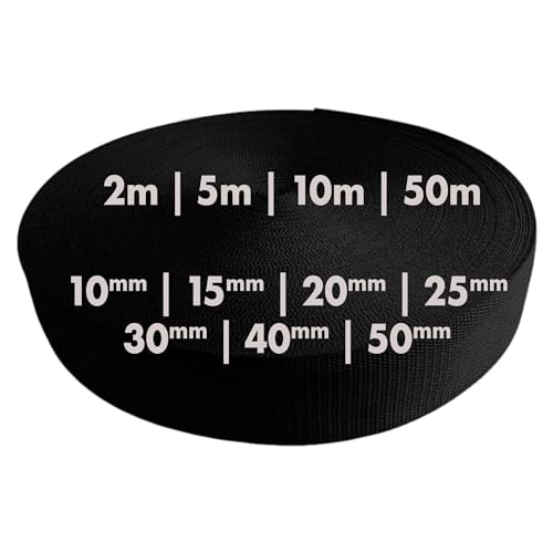 Correa de 2 m, 5 m, 10 m, 50 m, 50 colores, ancho 10 mm, 15 mm, 20 mm, 25 mm, 30 mm, 40 mm, 50 mm, polipropileno, ideal para proyectos de bricolaje, manualidades y exteriores (580), negro, 50 mm x 2 m