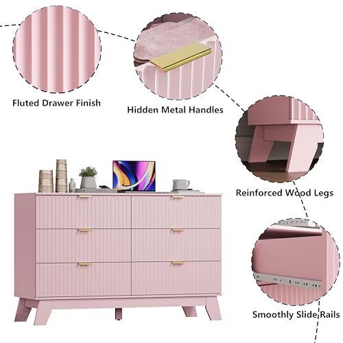 Image of 6 Drawer Dresser for Bedroom, Fluted Dressers Chest of Drawers with Gold Handle, Mid Century Modern Dresser for Closet, Wood Closet Storage Organizer Furniture for Bedroom, Living Room, Hallway, Pink