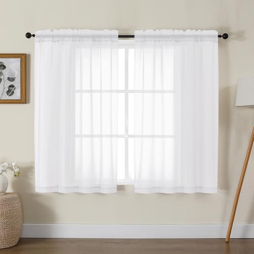 Gwine White Sheer Kitchen Curtains 36 Inch Length, Light Filtering Voile Soft Airy Small Cafe Curtains, Short Window Curtain for Bathroom Basement, 42x36 inch, 2PCS