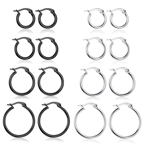 LOYALLOOK Stainless Steel Rounded Small Hoop Earrings Set for Women Nickel Free 8 Pairs White&Black