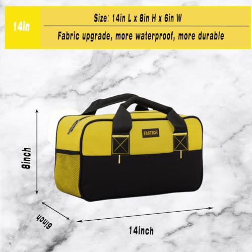 Image of FASTECH 14 Inch Tool Bag, Small Wide Mouth Tool Tote Bag, Waterproof Tool Organizer Bag, Electricians Repairman Tools Tote Bag Double Fabric Storage Bag (Yellow)