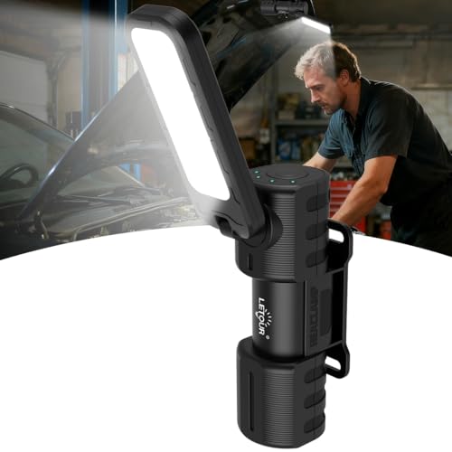 Lampada da lavoro a LED 2000 lumen, lampada da lavoro ricaricabile con magnete e pieghevole, lampada di ispezione girevole a 180° e torcia magnetica per lavori di manutenzione, passeggiate notturne