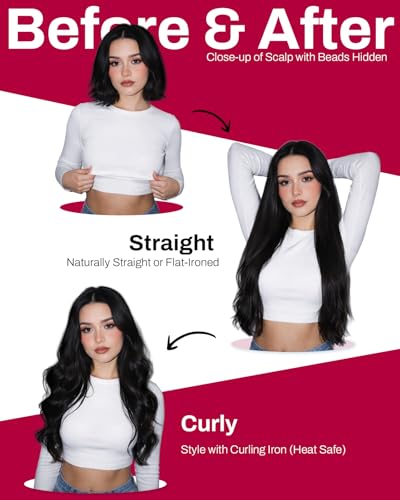Image of Moresoo 18 Inch Micro Loop Hair Extensions Human Hair, Wine Red | 50g 50 strands, individual strand extensions micro beads, deep burgundy dimension, buildable volume, parties, social events