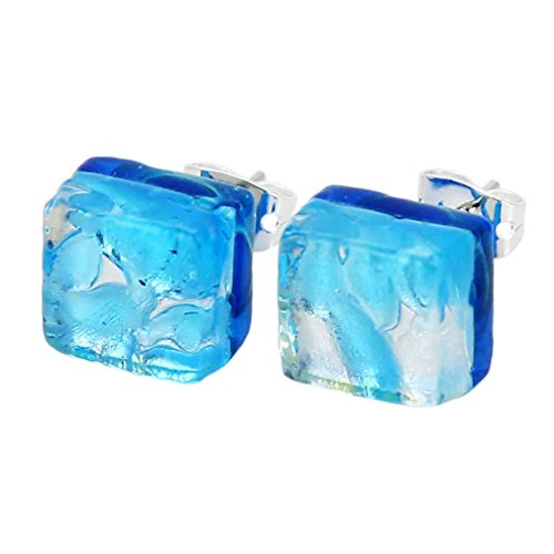 Glass Of Venice Murano Glass Venetian Reflections Square Stud Earrings - Aqua Silver