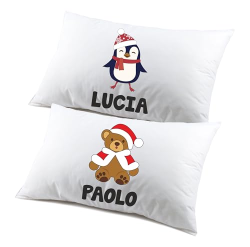 Coppia di federe PERSONALIZZABILI matrimoniali natalizie divertenti Pinguino e Orsetto Buon Natale Personalizza con nome