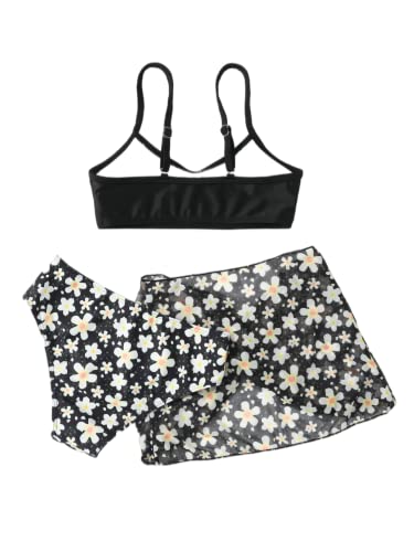 Soly Hux Girl's 3 Piece Swimsuits Floral Print Bikini Bathing Suit With Cover Up Beach Skirt Black 140 #TOP1