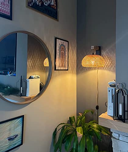 Plug In Wall Sconces,Wall Lamp With Plug In Cord And Dimmable Switch,Rattan Wall Sconces With Wood Arm And Hemp Rope Cord,Wall Lights For Bedroom Living Room,Wall Mounted Lamp Litht,No Wiring Required #TOP2