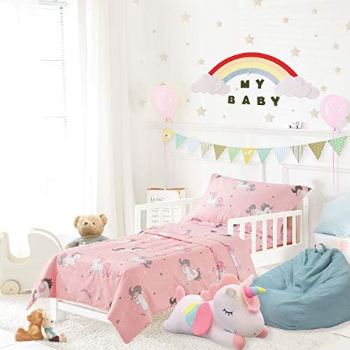 UOZZI BEDDING Unicorn 4 Pieces Toddler Bedding Set with Colorful Rainbow Stars Pink Cute Girls Toddler Bed Comforter Sheet Set and Pillowcases