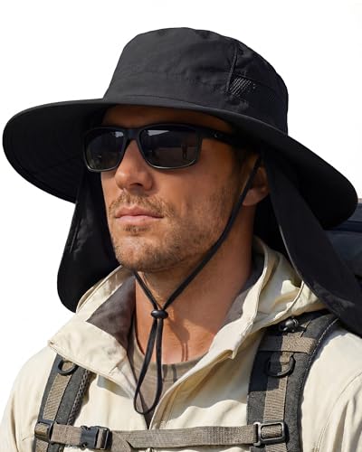 Image of Sun Hats for Men Wide Brim Bucket Hat with Neck Flap for Fishing & Hiking Mens Sun Hat for UV Protection